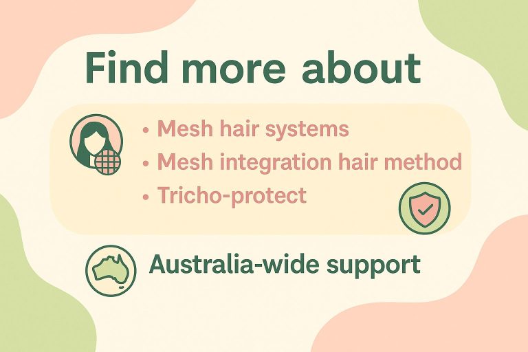 Salon T graphic highlighting mesh hair systems, mesh integration hair method, Tricho-protect, and Australia-wide support